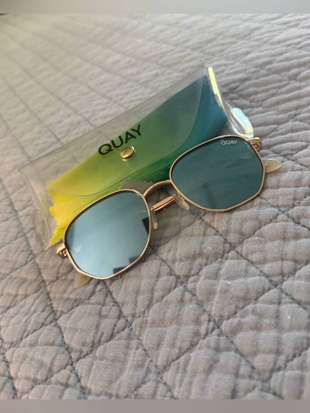 Quay Australia Big Time Gold Frame Sunglasses with Blue Lenses